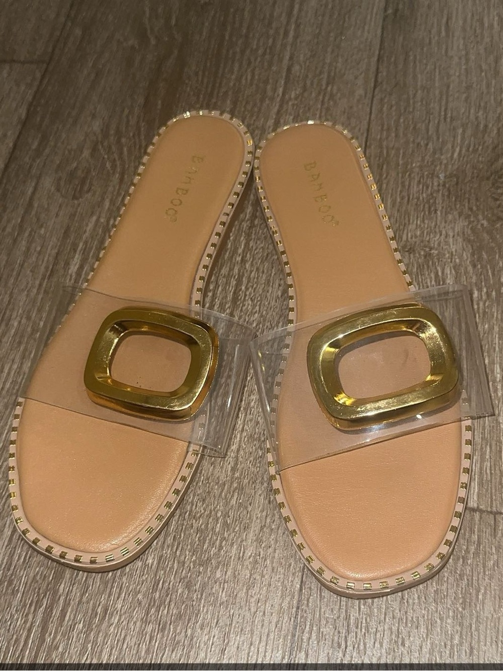 BAMBOO Nude Clear Strap Slide Sandals with Gold Buckle